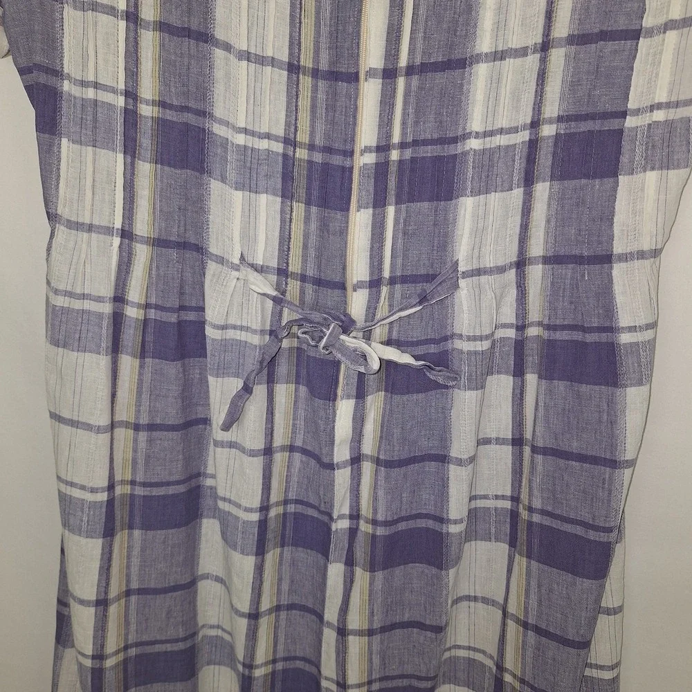 Vintage 90s Periwinkle White Plaid Linen Blend Dress 12 VTG Midi Cottagecore - Picture 14 of 16